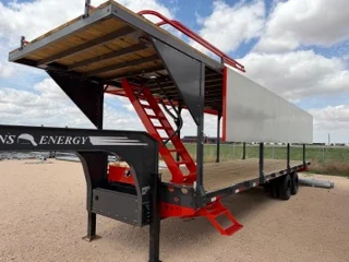 Gooseneck Flight Deck drone trailer with an elevated wood deck, red stairs and safety railing